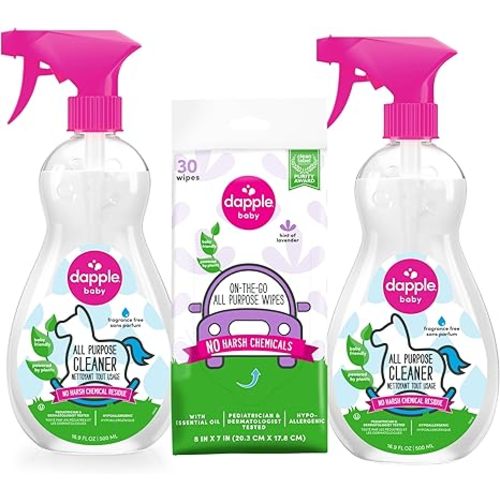 Dapple Baby All Purpose Cleaning Spray and All Purpose Wipes - (2 Pack) 16.9 fl oz Bottle - 30 Cleaning Wipes Total - Fragrance-Free, Hypoallergenic & Plant-Powered - Baby Essentials