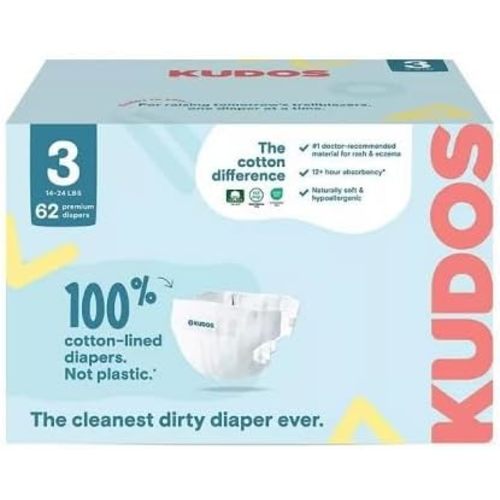 Kudos Chlorine Free Premium Diapers, Cotton-Lined, Size 3, 31 * 2=62 Count, 14-24 lbs