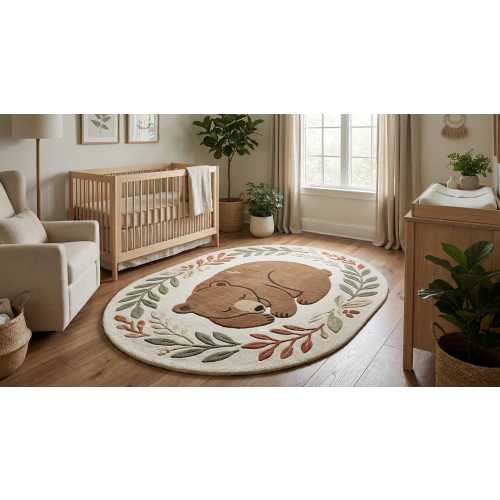 Adorable Sleeping Bear Hand-Tufted Wool Rug | Nature Inspired Bear Nursery Area Rug | Cozy Woodland Animal Kids Room Rug