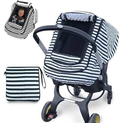 Car Seat Covers for Babies,Baby Car Seat Cover for Boys Girls,Windproof Infant Carseat Cover,Kick-Proof Car Seat Canopy with Breathable Mesh Peep Window(Black Stripe)