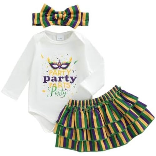 Infant Baby Girl Outfit Miss Mardi Gras Long Sleeve Romper Striped Ruffled Skirt Set Newborn Spring Clothes Headband