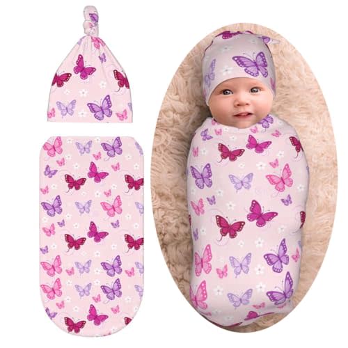 Lcokin Butterfly Baby Stuff Swaddle Blanket Newborn Baby Swaddling Blanket with Beanie Hat Sets for Boys Girls Infant and Baby Shower Unisex