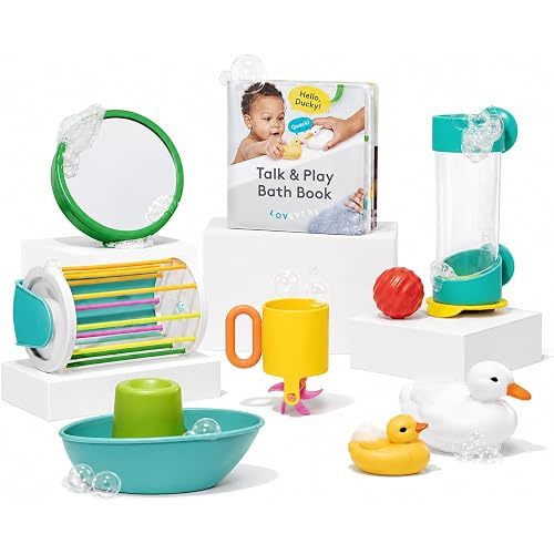 LOVEVERY, The Bath Set, 9-Piece Bath Toys with Play Guide, Early Development for 9+ Months