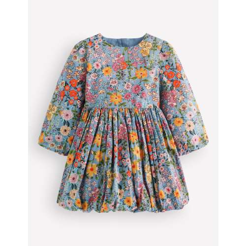 Long Sleeve Bubble Hem Dress-Blue Multi Floral