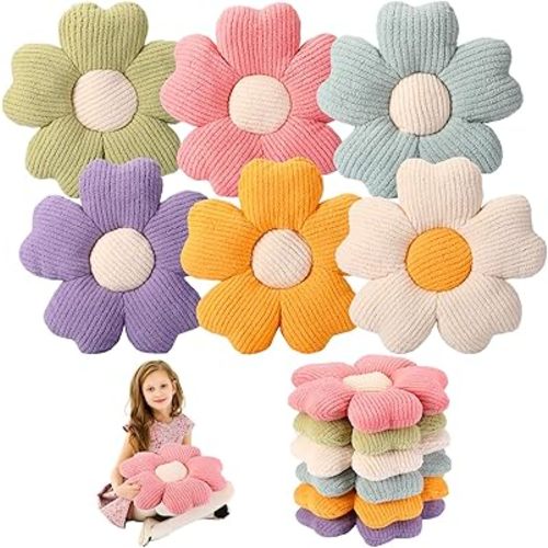 Drydiet 6 Pcs Flower Shaped Pillows Daisy Floor Throw Pillows 15 Inch Flower Seat Cushion for Reading Sofa Couch Bed Decor for Back to School First Day of School(Bright Color)