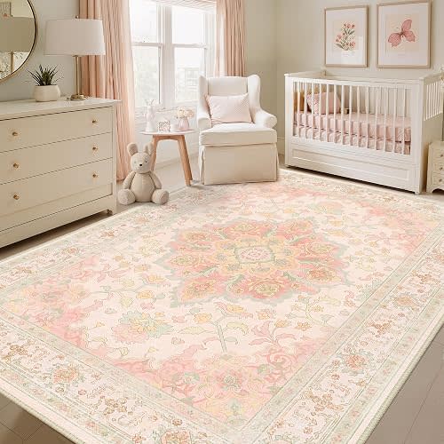 5x7 Washable Nursery Girls Low Pile Area Rug Pink Green