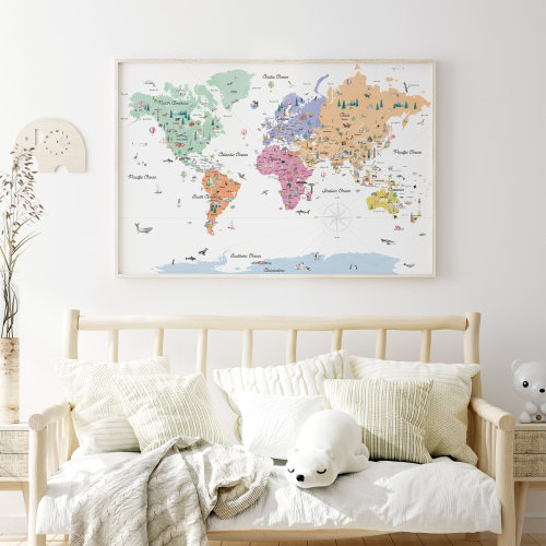 Educational World Map Print with Countries, Borders, and Landmarks | Pastels | Kids Learning and Nursery Decor
