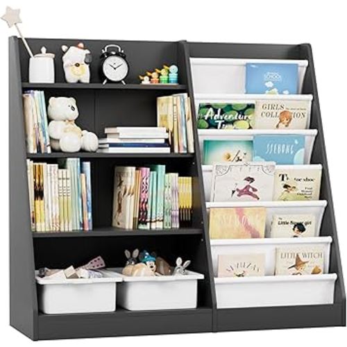 Black Kids Bookshelf Wood Toy Storage Organizer Cabinet Children Bookcase Toddler Baby Sling Book Rack Adjustable Shelf for Playroom Bedroom Nursery Hallway School Kindergarten