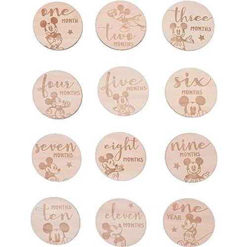 Disney Mickey Mouse Natural Wood Tone, 12 Piece Wooden Engraved Milestone Cards