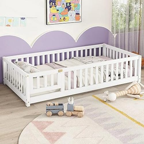 Bellemave Twin Floor Bed with Slats and Door, Twin Size Montessori Floor Bed with Fence and Door, Easy Assemble Montessori Beds Frame for Girls, Boys, White