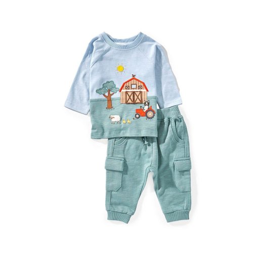 Purebaby Baby Boys Organic Cotton Long-Sleeve Farm Life Sweatshirt & Solid Slouchy Cargo Jogger Pants Set