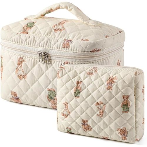 uekeboag 2 pcs Large Floral Quilted Makeup Bag Set for Women, Cotton Quilted Big Cosmetic Bag, Coquette Aesthetic Cute Travel Toiletry Bag