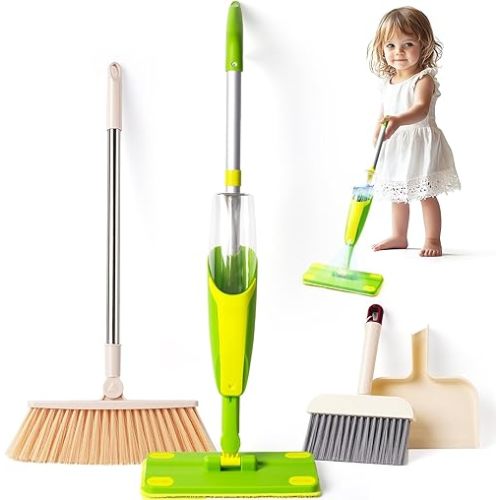 Kids Cleaning Toy Set,Mini Spray Mop Montessori Toys Pretend Play Cleaning Tool for Toddlers with Spray Mop & Kids Broom Dustpan Set Cleaning Toys Gift for Toddlers Girls Boys Age 3+