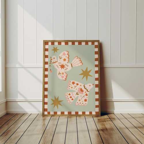 Folk Art Dove Print – Celestial Floral Birds, Nursery Decor, Children's Room