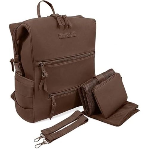 BUNSO Baby Neoprene Minimalist Backpack Diaper Bag with Pouch, Changing Pad, and Stroller Straps, Water Resistant and Lightweight, Brownie