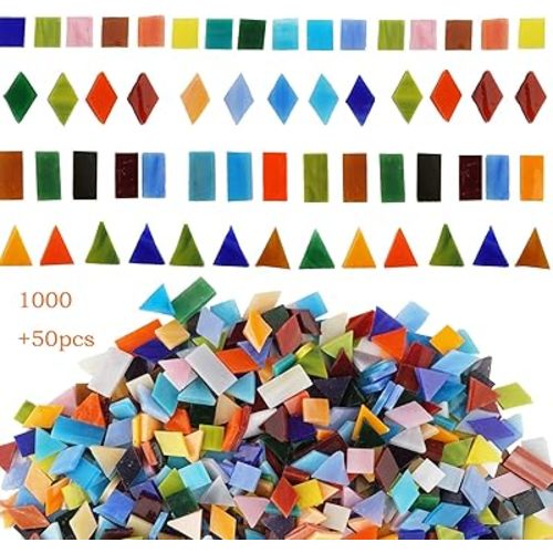 Lanyani 1050 Pieces Mixed Shapes Glass Mosaic Tiles for Crafts, Colorful Stained Glass Pieces for Mosaic Projects