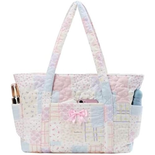Quilted Tote Bag for Women, Quilted Floral Tote Bags with Zipper, Cute Bow Cotton Patchwork Shoulder bag for Daily