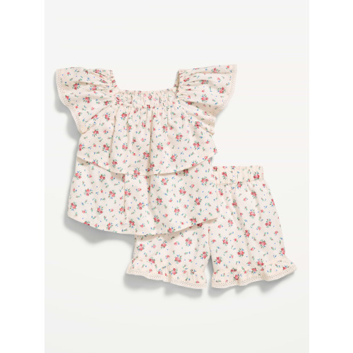 Printed Short-Sleeve Ruffled Top and Shorts Set for Toddler Girls