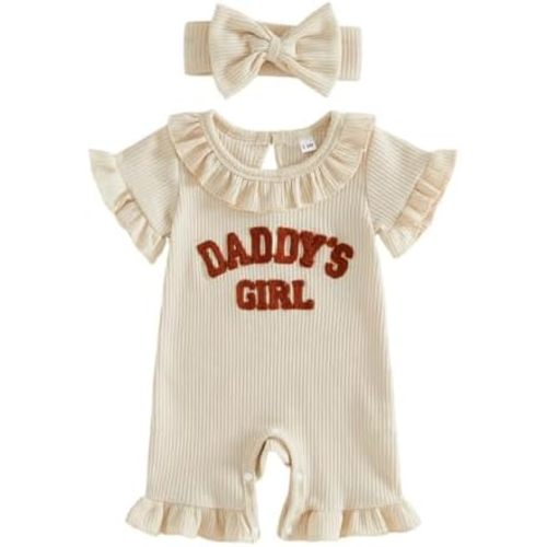 Tsultryofs Baby Girl Romper Newborn Infant Summer Jumpsuit Letter Embroidery Ruffle Crew Neck Romper with Headband