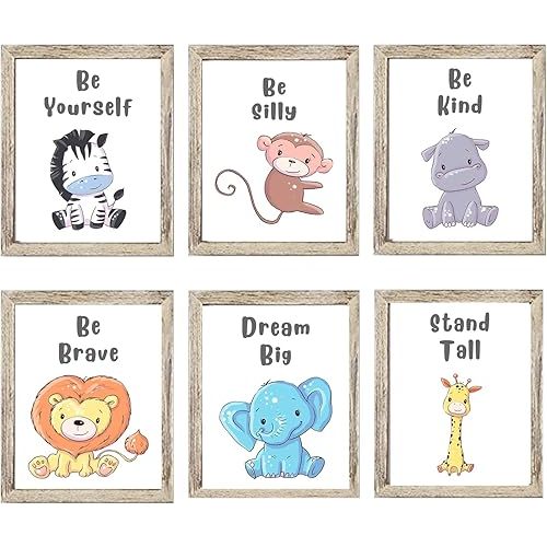 Safari Nursery Decor for Baby Boys Newborn, Set of 6 Unframed 8x10 Inch Jungle Themed Neutral Prints for Baby Room Classroom Birthday Wall Decor, Extra Thick Motivational Quotes Poster Made to Last