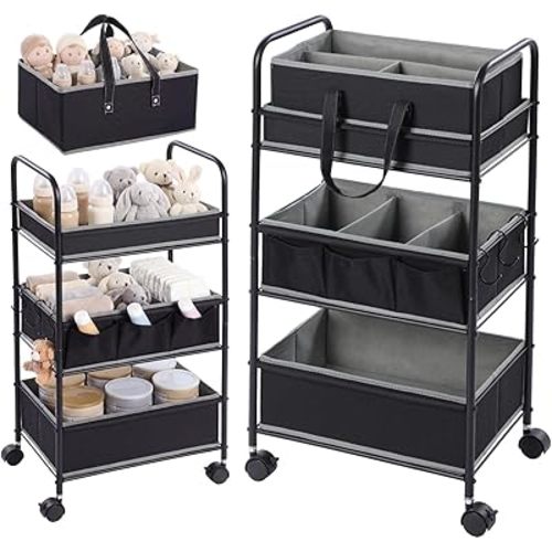 Honeydak 2in1 Baby Diaper Caddy Organizer Cart 3 Tier Large Capacity Metal Utility Bedside Rolling Cart with Divider for Newborn Nursery Essential Must Have for Crib Bedroom Baby Shower(Black)