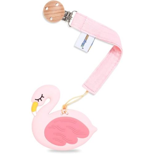 Baby Food Grade Silicone Teether Toy with Pacifier Clip Holder,Teething Pain Relief Toys Gift Set for 3 Months+ Boys and Girls,Freezer Safe,BPA Free (Pink Flamingo)