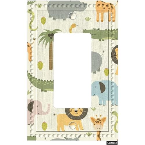 Cute Animal Zoo Decorator Light Switch or Receptacle Outlet Wall Plate Lion Zebra Elephant Giraffe African Wildlife 1-Gang Decora/GFCI Device Wallplate Midway Size