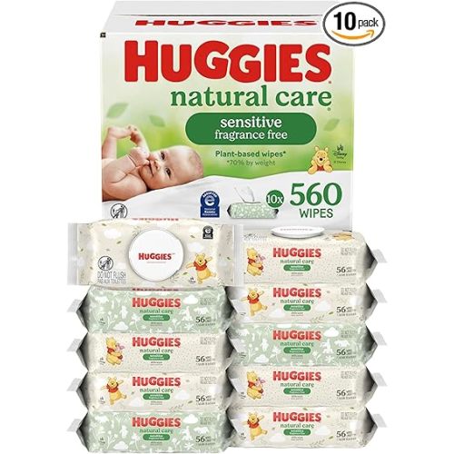 Huggies Natural Care Sensitive Baby Wipes, Unscented, Hypoallergenic, 99% Purified Water, 10 Flip-Top Packs (560 Wipes Total)