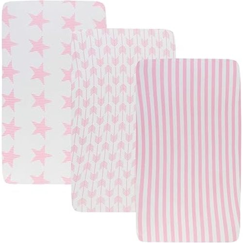 Onacosht Stretchy Bassinet Sheets 33" x 19" Compatible with Mika Micky, KoolaBaby (3 in 1), BabyBond, HARPPA and RICUTON Bedside Bassinet, 3 Pack for Baby Boy and Girl, Pink Arrow Star Stripe Printing