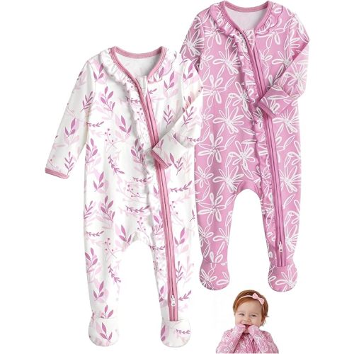 Unnivoll Rayon Made from Bamboo Baby Pajamas Baby Sleepers for Newborn 0-3 3-6 6-9 Months 2Pcs Footie Pjs Baby Girls Clothes