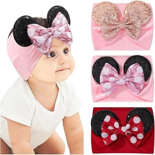 choicbaby 3 PCS 5 Inches Mouse Ears Sequin Bow Nylon Hairband with Polka Dot Cute Baby Headbands Soft Hairbands Hair Accessories for Newborn Infant Toddler Party Supplies
