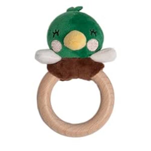 Pearhead Mallard Duck Wooden Baby Teether – Soft Plush Lovey with Natural Wood Rattle Ring, BPA & PVC-Free, Soothes Infant Gums, Multi-Sensory Newborn Essential for Boys, 0+ Months