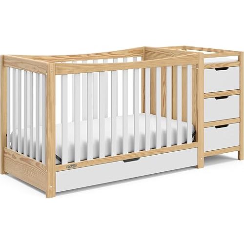 Graco Remi 4-In-1 Convertible Crib & Changer With Drawer (White & Natural) – GREENGUARD Gold Certified, Crib And Changing-Table Combo, Includes Changing Pad, Converts To Toddler Bed, Full-Size Bed