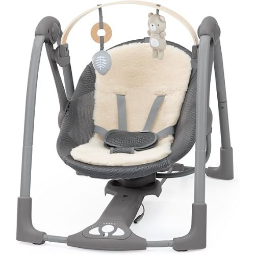 Ingenuity Every Season Swing 'n Go Portable Swing - Cooling and Warming Fabrics, Detachable Sustainable Wooden Toy Bar, 2 Toys, Music, Motorized Swing, for Ages 0-9 Months, Grey - Wesley