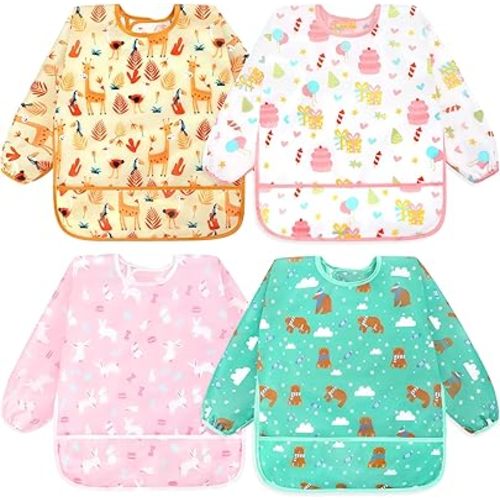 Accmor 4 Pack Long Sleeve Bibs, Baby Smock Waterproof Sleeved Bib Smock for Baby Toddler 6-36 Months