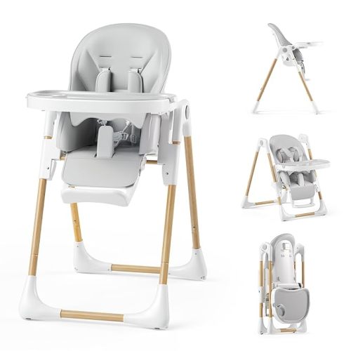 Kinder King Convertible High Chair for Babies & Toddlers, Adjustable Baby Feeding High Chair with Removable Double Tray, Simple Compact Fold for Space-Saving, 2 Built-in Wheels, Easy to Clean