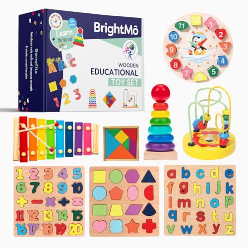 Montessori Toys for 3 Year Olds, 8-in-1 Wooden Travel Activity Set – Alphabet, Number & Shape Puzzles, Xylophone, Bead Maze – Compact Busy Box for Toddlers, Screen-Free Learning Gift Ages 3+