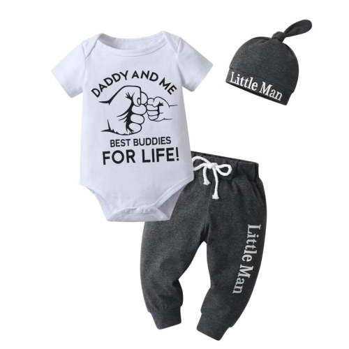 Newborn Baby Boy Clothes Letter Long Sleeve Romper + Pants + Hat 3PCS Outfits Set（White,0-3 Months)