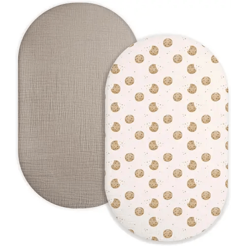 Bassinet Sheet for Baby Boy and Girl 2 Pack, Fitted Sheets for Rectangle, Oval, Hourglass Bassinet Mattress, Muslin Moses Basket Sheets with Neutral Style(Cookie & Light Khaki)