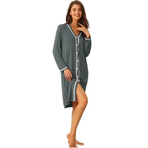 cheibear Women's Button Down V Neck Long Sleeve Pajama Nightshirt Dress