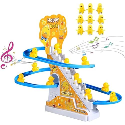 Small Ducks Climbing Toys, Electric Llittle Duck Climbing Stairs Toy, Funny Duck Roller Coaster Track with 9 Ducks LED Lights & Music Button, Small Duck Slide Toy for Children Kids and Baby
