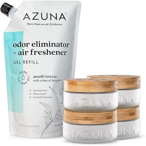 Azuna Air Freshener & Odor Eliminator Gel 4 Room Kit, Includes (4) 8 oz. Empty Luxe Glass Jars & 24 oz. Refill with Tea Tree Essential Oil, Amalfi Breeze, Works 24/7 for 60-90 Days