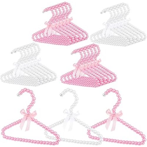 Wesiti 25 Pcs Small Pearl Hanger Mini Pearl Metal Elegant Clothes Hangers with Ribbon for Women Dog Cat (Pink,White)