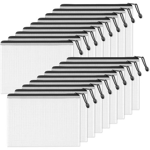 SUNEE Plastic Mesh Zipper Pouch 10x14 in (Black, 18 Packs),Extra Large Water-Resistant Zip Bag for School Office Supplies, Puzzles & Games Organizing Storage