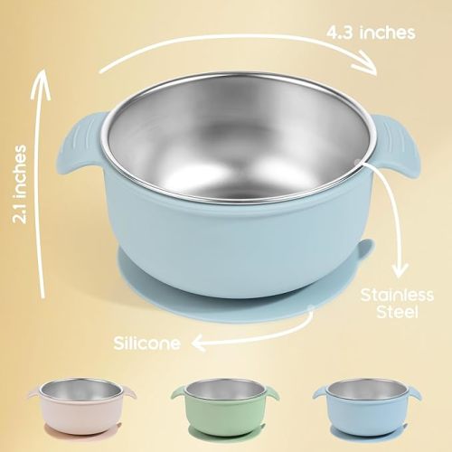 Bella's Friends Stainless Steel and Silicone Baby Bowls with Suction 3 Pack, 4.3” for Toddlers Kids Feeding, Non-Slip, Non-Toxic, Mess-Free, Dishwasher Safe, Fit High Chair Size, beige green blue