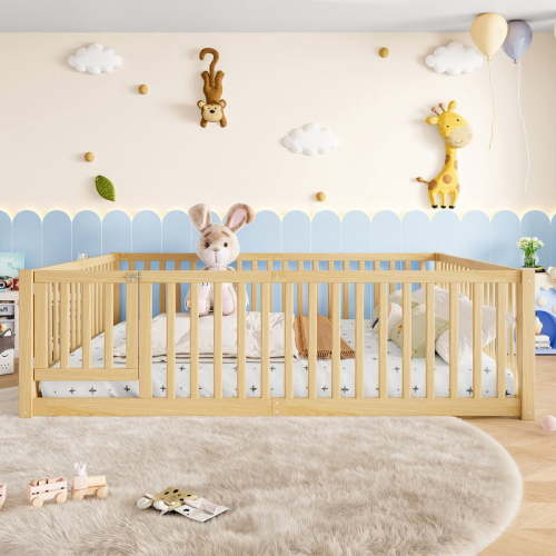 Bellemave Queen Size Floor Bed with Door and Fence, Montessori Floor Bed Queen, Wood Floor Bed with High Guardrails, Natural