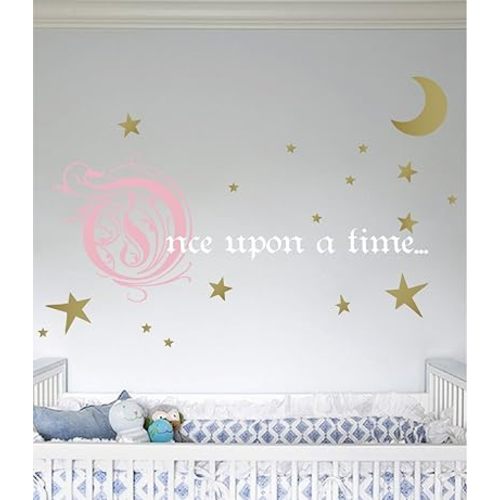 Once Upon a Time Story Book Quote Vinyl Wall Decal Removeable Baby Girl Nursery Fairy Tale Design Sticker (Pink, Gold, White, 31x66 inches)