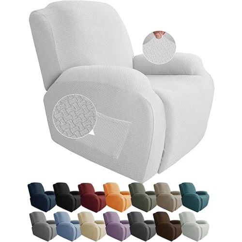 JIVINER 4 Pieces Recliner Chair Covers Stretch Jacquard Covers for Reclining Chair Recliner Slipcovers for Living Room Soft Recliner Protector with Pocket (Recliner, Off White)