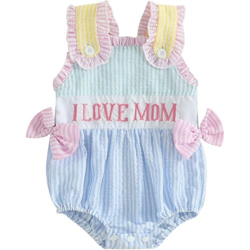 Tempura 0-3M Baby Girl Summer Romper 6M Infant Blue Bodysuit Bows Letter Embroidery Striped Sleeveless Infant Jumpsuit