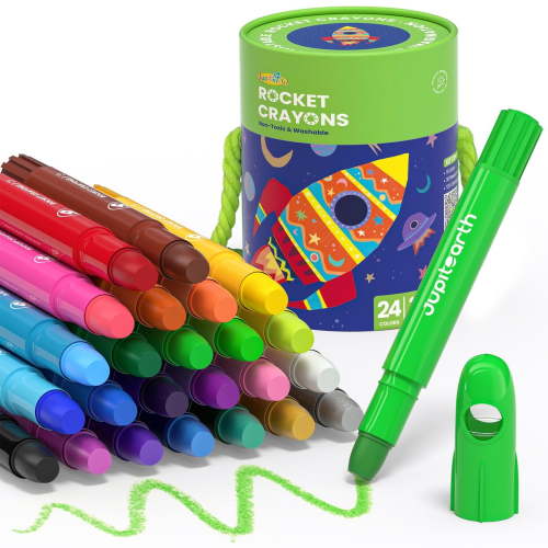 Jupitearth 24 Ct Twist Crayons,Non-Toxic Washable Crayons with Storage Bucket, Ultra-Silky and Easy to Hold Art Supplies